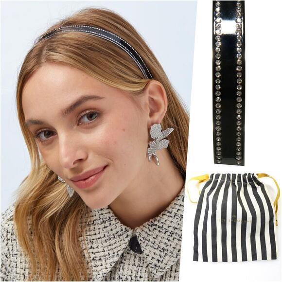 RARE Lele Sadoughi Black Acetate Crystal Headband Gold Logo